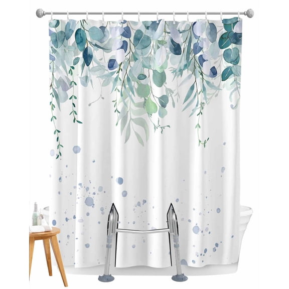 Split Shower Curtain for Transfer Bench, Turquoise Botanical Fabric Shower Curtains for Bathroom, Spring Weeping Eucalyptus Leaves Tub Sliding Transfer Bench Waterproof Bath Curtains 72"x72"