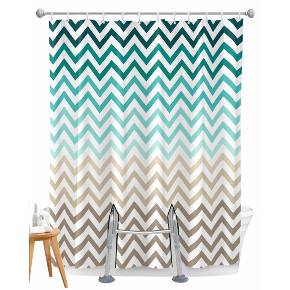 Split Shower Curtain for Transfer Bench, Turquoise Brown Fabric Shower Curtains for Bathroom, Gradient Geometric Stripes Chevron Wave Tub Sliding Transfer Bench Waterproof Bath Curtains 72"x96"