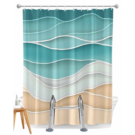 Split Shower Curtain for Transfer Bench, Turquoise Fabric Shower Curtains for Bathroom, Ocean Wave Stripes Modern Abstract Beach Tub Sliding Transfer Bench Waterproof Bath Curtains 72"x72"