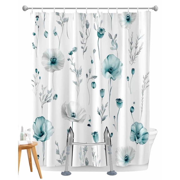 Split Shower Curtain for Transfer Bench, Turquoise Flowers Fabric Shower Curtains for Bathroom, Farmhouse Spring Botanical Floral Tub Sliding Transfer Bench Waterproof Bath Curtains 72"x72"