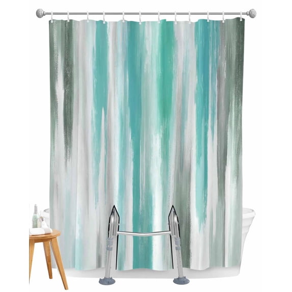 Split Shower Curtain for Transfer Bench, Turquoise Gray Fabric Shower Curtains for Bathroom, Farmhouse Abstract Gradient Aesthetic Tub Sliding Transfer Bench Waterproof Bath Curtains 72"x84"
