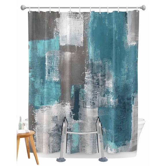 Split Shower Curtain for Transfer Bench, Turquoise Grey Fabric Shower Curtains for Bathroom, Abstract Square Graffiti Modern Smear Tub Sliding Transfer Bench Waterproof Bath Curtains 72"x84"