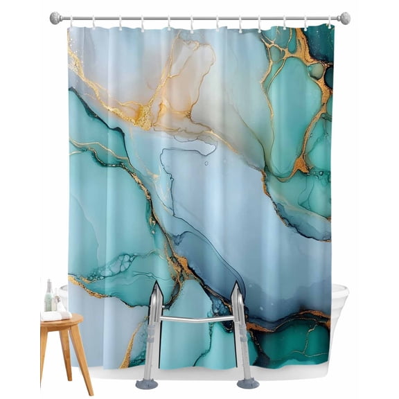Split Shower Curtain for Transfer Bench, Turquoise Marble Fabric Shower Curtains for Bathroom, Farmhouse Abstract Ombre Texture Tub Sliding Transfer Bench Waterproof Bath Curtains 72"x96"