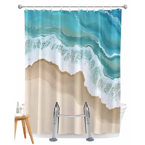 Split Shower Curtain for Transfer Bench, Turquoise Ocean Fabric Shower Curtains for Bathroom, Gradient Brown Shore Sandy Beach Abstract Tub Sliding Transfer Bench Waterproof Bath Curtains 72"x72"