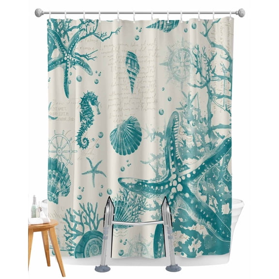 Split Shower Curtain for Transfer Bench, Turquoise Starfish Fabric Shower Curtains for Bathroom, Ocean Nautical Seahorse Coral Shell Tub Sliding Transfer Bench Waterproof Bath Curtains 72"x72"