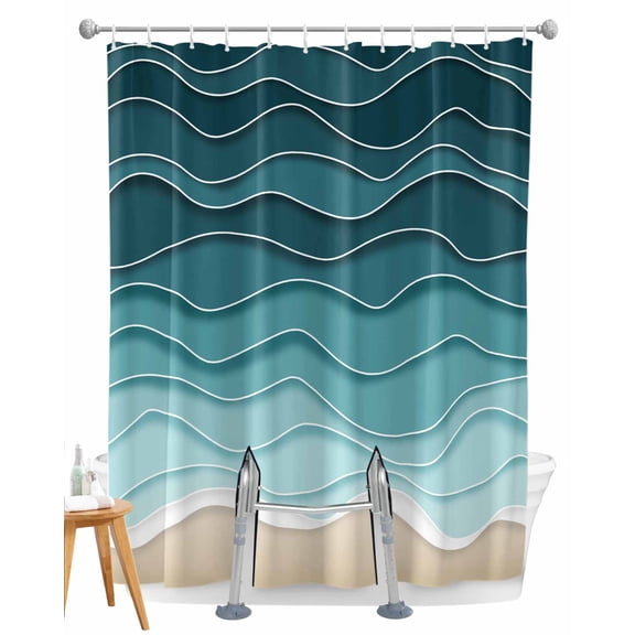 Split Shower Curtain for Transfer Bench, Turquoise Waves Fabric Shower Curtains for Bathroom, Simple Ombre Abstract Sea Waves Art Tub Sliding Transfer Bench Waterproof Bath Curtains 72"x72"