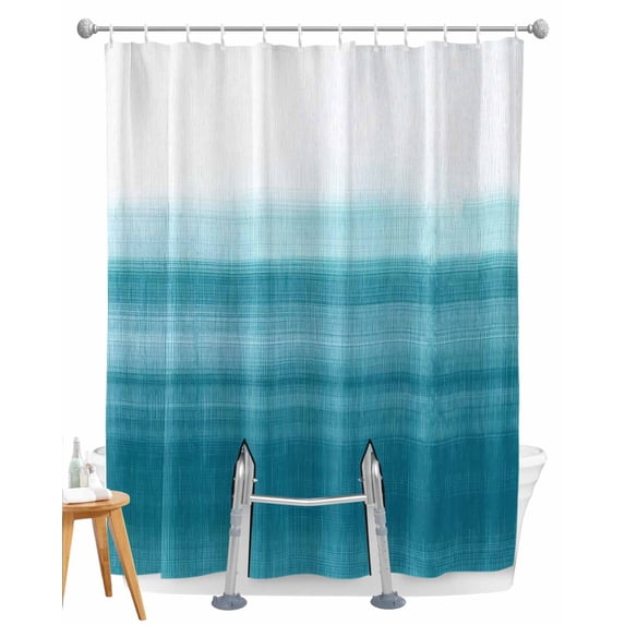 Split Shower Curtain for Transfer Bench, Turquoise White Ombre Fabric Shower Curtains for Bathroom, Modern Country Abstract Stripes Tub Sliding Transfer Bench Waterproof Bath Curtains 72"x96"