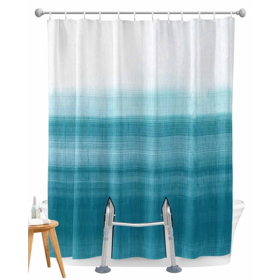 Split Shower Curtain for Transfer Bench, Turquoise White Ombre Fabric Shower Curtains for Bathroom, Modern Country Abstract Stripes Tub Sliding Transfer Bench Waterproof Bath Curtains 72"x96"
