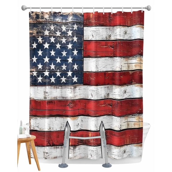 Split Shower Curtain for Transfer Bench, Vintage American Flag Fabric Shower Curtains for Bathroom, Country Wooden USA Flag Tub Sliding Transfer Bench Waterproof Bath Curtains 72"x72"