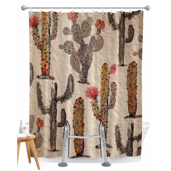 Split Shower Curtain for Transfer Bench, Vintage Cactus Fabric Shower Curtains for Bathroom, Farmhouse Retro Brown Summer Botanical Tub Sliding Transfer Bench Waterproof Bath Curtains 72"x78"