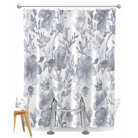Split Shower Curtain for Transfer Bench, Watercolor Grey Floral Fabric Shower Curtains for Bathroom, Gray Ombre Botanical Summer Tub Sliding Transfer Bench Waterproof Bath Curtains 72"x72"