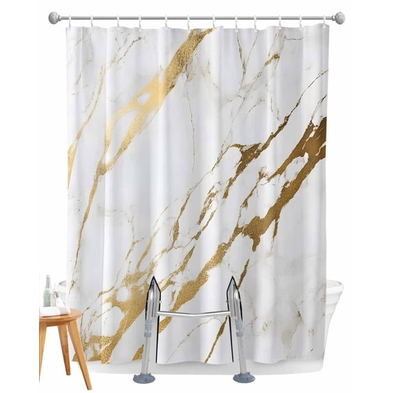 Split Shower Curtain for Transfer Bench, White Gold Modern Fabric Shower Curtains for Bathroom, Abstract Vintage Marble Geometric Tub Sliding Transfer Bench Waterproof Bath Curtains 72"x72"