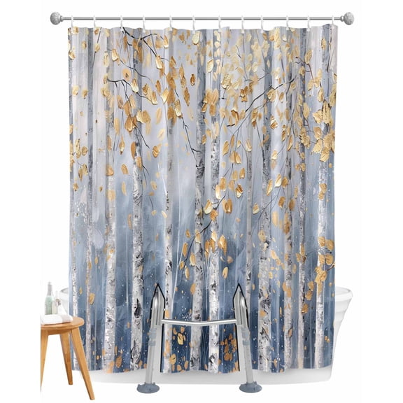 Split Shower Curtain for Transfer Bench, Yellow Blue Forest Fabric Shower Curtains for Bathroom, Modern Oil Painting Art Tub Sliding Transfer Bench Waterproof Bath Curtains 72"x96"