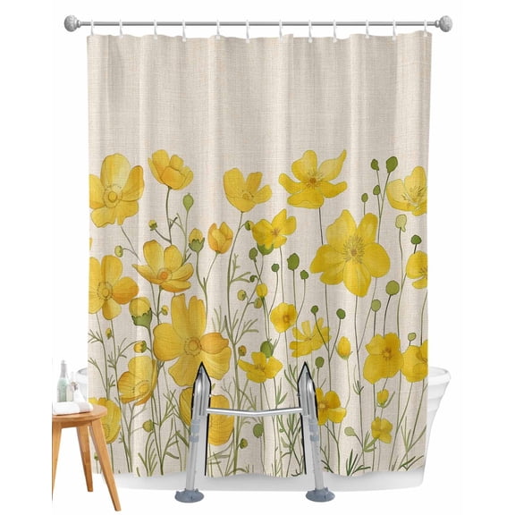 Split Shower Curtain for Transfer Bench, Yellow Daisy Fabric Shower Curtains for Bathroom, Rustic Spring Floral Summer Botanical Tub Sliding Transfer Bench Waterproof Bath Curtains 72"x72"