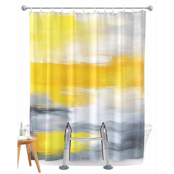 Split Shower Curtain for Transfer Bench, Yellow Gray Fabric Shower Curtains for Bathroom, Contemporary Oil Painted Abstract Modern Tub Sliding Transfer Bench Waterproof Bath Curtains 72"x96"