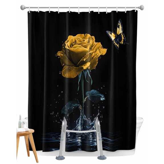 Split Shower Curtain for Transfer Bench, Yellow Roses Fabric Shower Curtains for Bathroom, Modern Art Splash Flowers Butterfly Tub Sliding Transfer Bench Waterproof Bath Curtains 72"x96"
