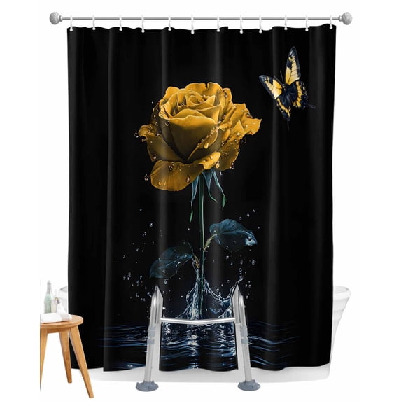 Split Shower Curtain for Transfer Bench, Yellow Roses Fabric Shower Curtains for Bathroom, Modern Art Splash Flowers Butterfly Tub Sliding Transfer Bench Waterproof Bath Curtains 72"x96"