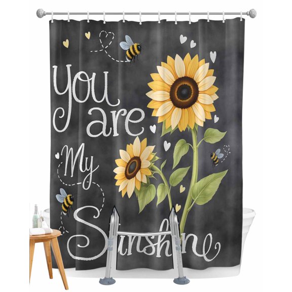 Split Shower Curtain for Transfer Bench,You Are My Sunshine Fabric Shower Curtains for Bathroom,Yellow Sunflowers Cute Bees Heart Dark Gray Tub Sliding Transfer Bench Waterproof Bath Curtains 72"x72"