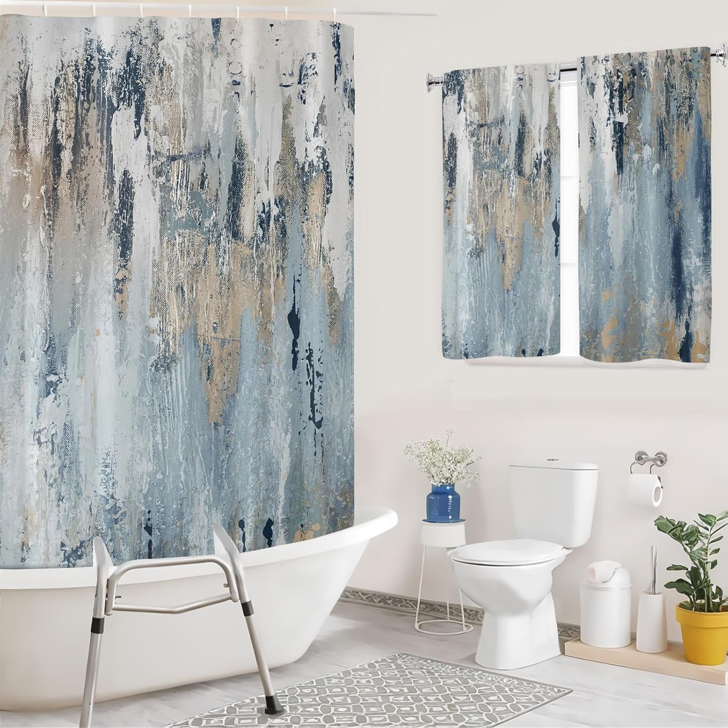 Split Shower Curtain with Window Curtain Sets 2 Pcs, Navy Blue Oil ...