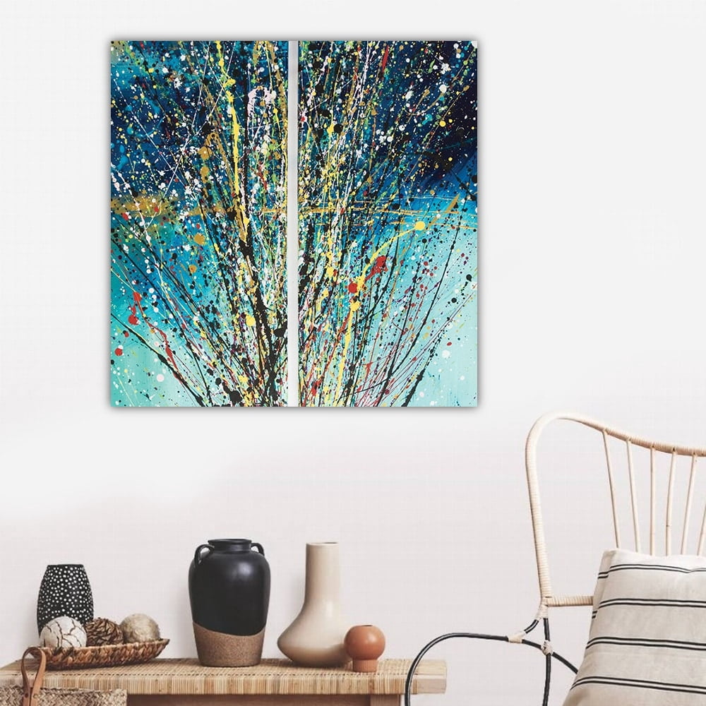 Split Splatter Design by Artist Sarah Wahl - 14"x14" Canvas Artwork - Multi-Color 30 x 30