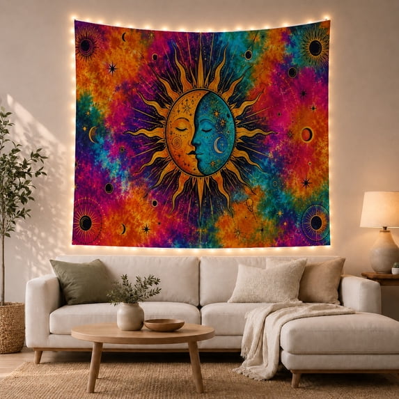 Split Sun and Moon Celestial Face with Vibrant Nebula Swirls, Mystical Watercolor for Space Lovers, Celestial Art Decor, Birthday Gift, Tapestry Wall Hanging for Bedroom and Living Room