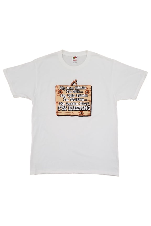 Split Tee Mens White My Boss Thinks Im Sick Hunting Meme Short Sleeve T-Shirt L
