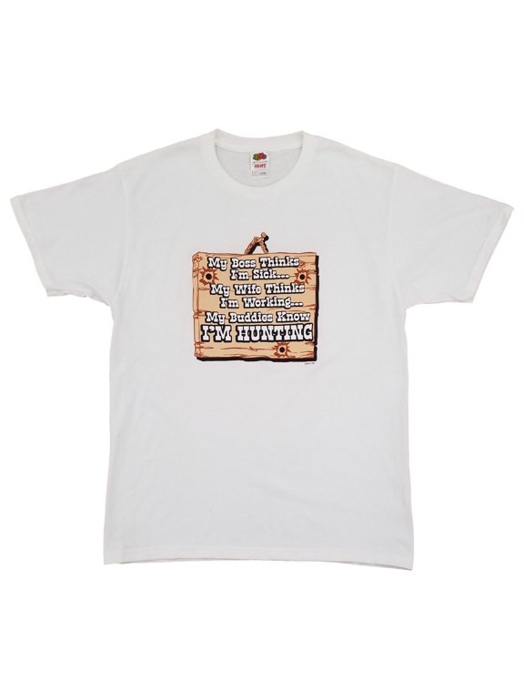 Split Tee Mens White My Boss Thinks Im Sick Hunting Meme Short Sleeve T-Shirt L
