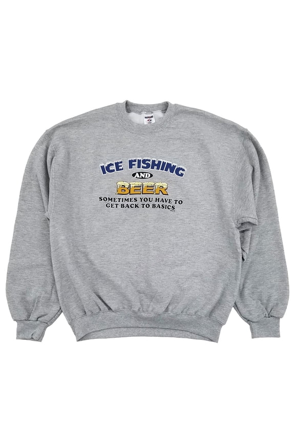 Mens Gray Ice Fishing & Beer Heavyweight Pullover Sweatshirt Large