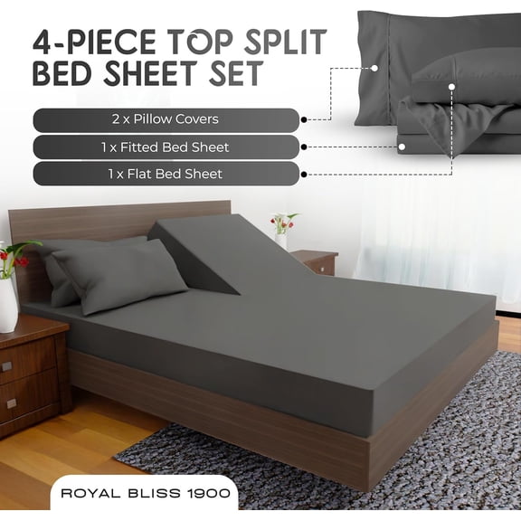 Split Top California King Sheet Set - 4 Pcs Deep Pocket Microfiber for Adjustable Bed - Dark Grey