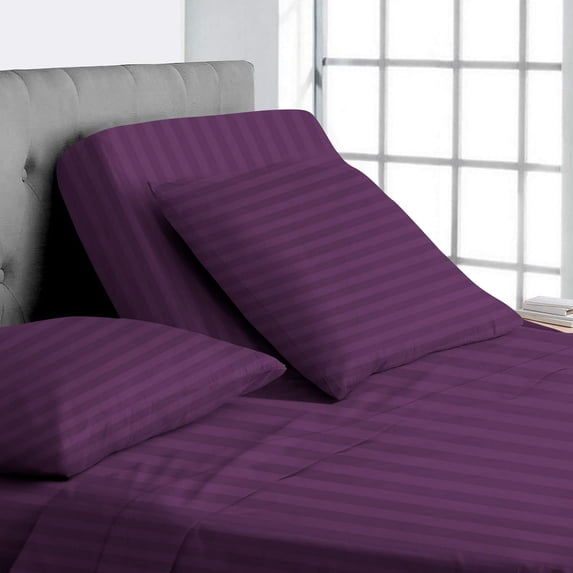 Split Top King Adjustable Flex Top King Size 100% Egyptian Cotton, Stripe Plum, 800 Thread Count, 12 inch Deep Pocket, 32" Split Top Sheets Bed 4 Piece Sheet Set