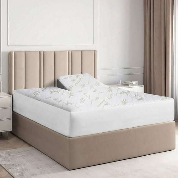 Split Top Queen Bamboo Mattress Protector for Adjustable Bed 18 inch Deep Pocket, 28" inches Split from Head - White