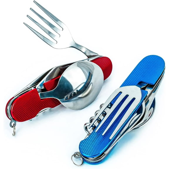 Split-Type 6-in-1 Combo Camping Flatware Mess Kit, Detachable Spoon Fork Knife Multi Utensil Set in Red Blue, Packed with Carry Bag for Outdoor Camping & Travel Use
