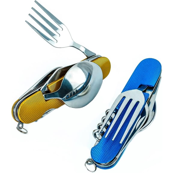 Split-Type 6-in-1 Combo Camping Flatware Mess Kit, Detachable Spoon Fork Knife Multi Utensil Set in Red Blue, Packed with Carry Bag for Outdoor Camping & Travel Use