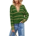 thumbnail image 1 of Split V Neck Classic Striped Pattern Collared Sweater for Women Green Large, 1 of 4