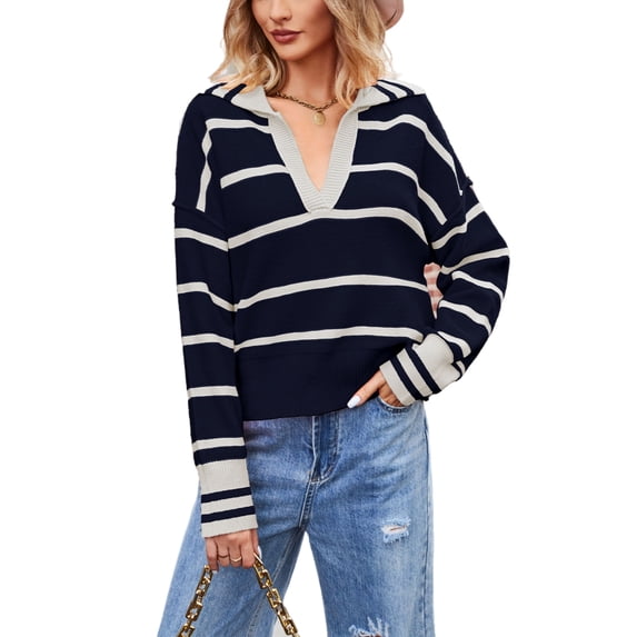 Split V Neck Classic Striped Pattern Collared Sweater for Women Navy Large
