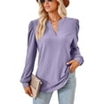 thumbnail image 1 of Split V Neck Pleated Shoulder Long Sleeve Textured Blouse for Women Purple Medium, 1 of 5