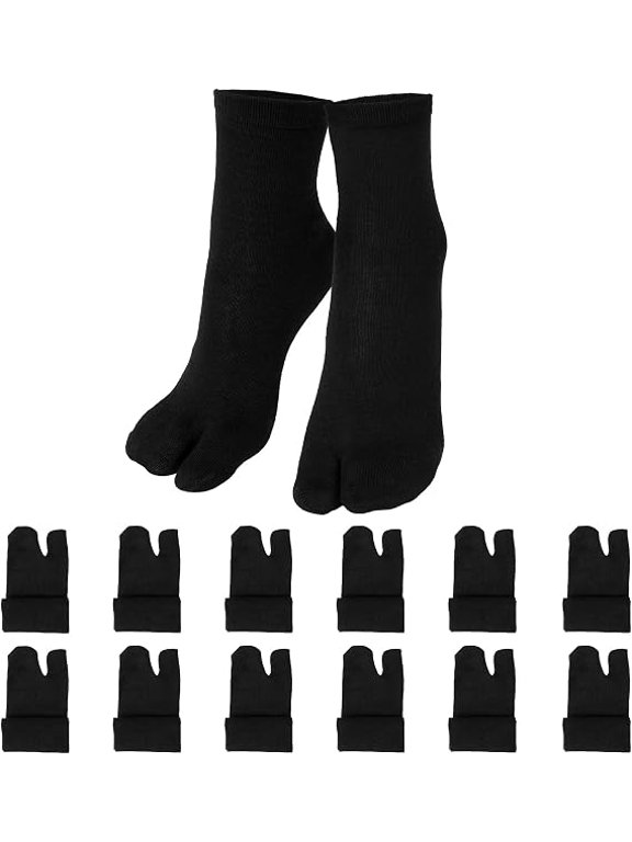 Split-toe socks, 6-pack, black cotton mid-calf, unisex, elastic, moisture-wicking, non-slip, specifically designed for flip-flops.