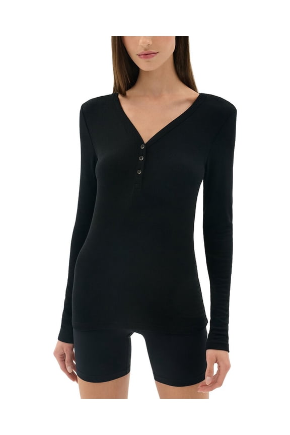 womens Louise Rib Henley Top, s, Black