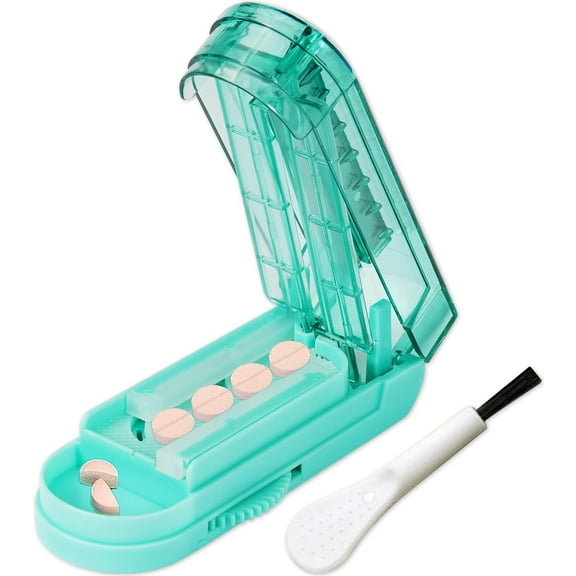 Splitter for Small and Tiny Pills, Larger Pills. Adjustable Pill Splitter Accurately Cuts Multiple Pills at Once. Sharp Blade with Safety Guard. Non-Slip Silicone Edge (Lake Blue)