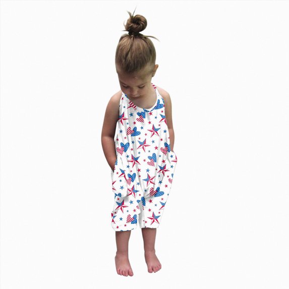 Splozh 4th Fourth of July Toddler Girl Outfit USA Romper Spaghetti Strap Jumpsuit Red White and Blue Outfits,White,5-6 Years