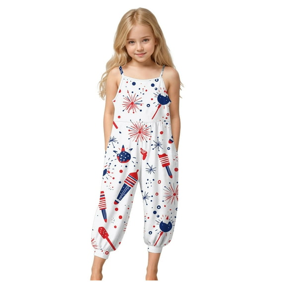 Splozh 4th of July Jumpsuit for Girls Patriotic 4th of July Clothes Kids Girls Summer Sleeveless Independence Day Graphic Jumpsuit Toddler Girl Outfits,Sky Blue 1-2 Years