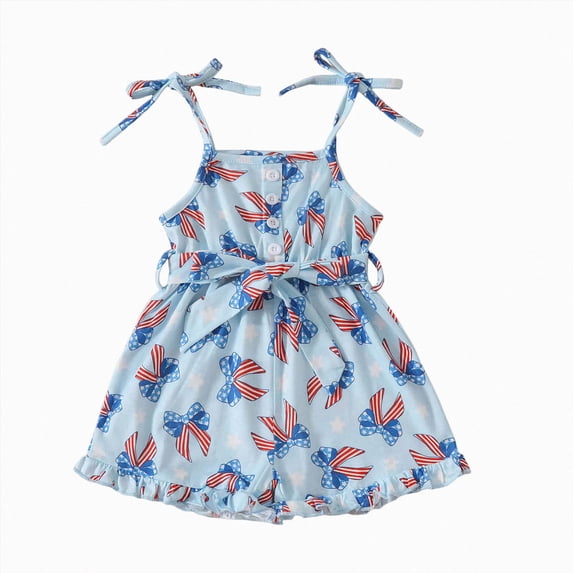 Splozh 4th of July Romper 4th of July Outfit Toddler Girl Stars Stripe Flag Tie-Up Romper Overall Shorts Little Girls 4th of July Clothing Blue,3-4 Years