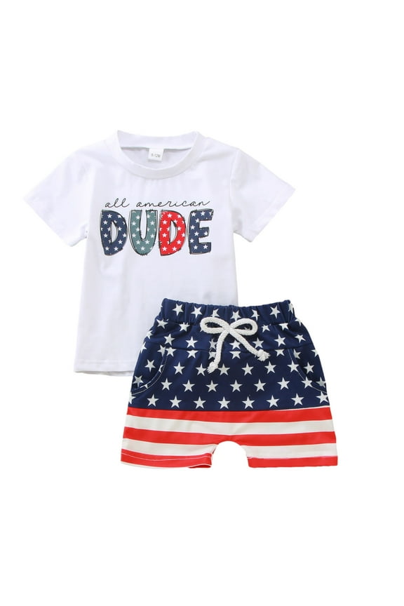 4th of July Baby Boy Outfit Toddler Boy Clothes Set Fourth of July Letter Short Sleeve Shirts Shorts Two Piece Outfit White,6-12 Months