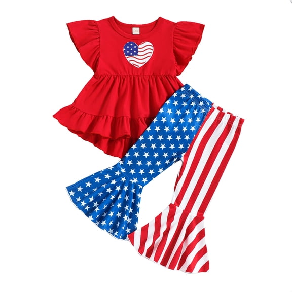 Splozh 4th of July Outfit Toddler Girls Fly Sleeve Independence Day Ruffles T Shirt Tops Stars Striped Flare Pants Outfits Red,12 Months