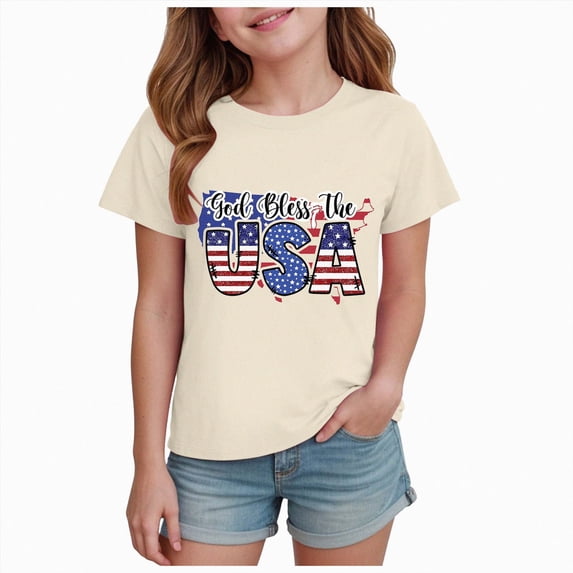 Splozh 4th of July Shirt for Girl 2-14 Years Patriotic Holiday Short Sleeve Outfit, Girl USA Kids Patriotic Shirts,Beige,11-12 Years