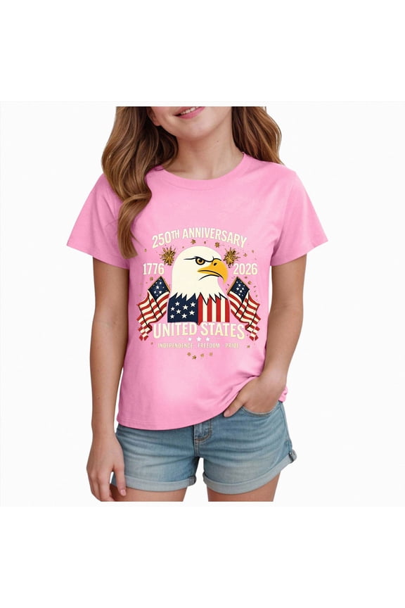 4th of July Shirts Girls 2-14 Years Patriotic Summer Casual Short Sleeve Tees, Toddler Fourth of July USA Clothes,Pink,3-4 Years