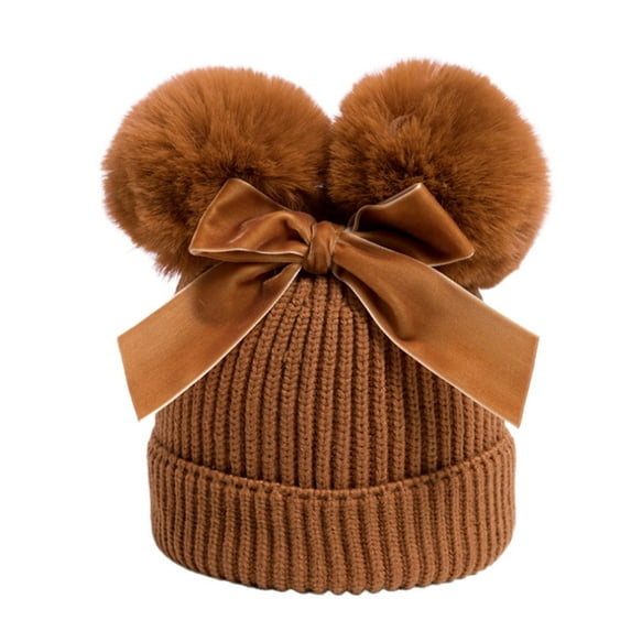 Splozh Beanie Hats for Baby Girls Boys Baby Winter Hat with Bow Double Cap Cute Warm Toddler Boys Girls Knit Hats Brown,6-36 Months