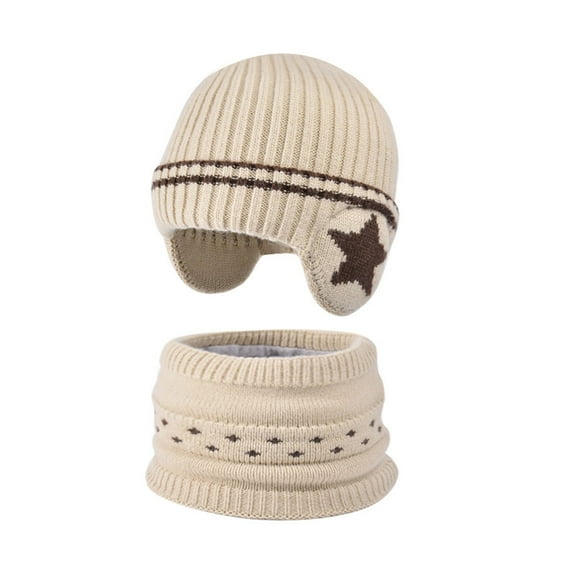 Splozh Baby Beanie Knit Toddler Hat Children's Hat Glove Scarf Set for Boys Girls Winter Warm Knitted Wool Hat with Velvet Ear Head Cap Beige,One Size