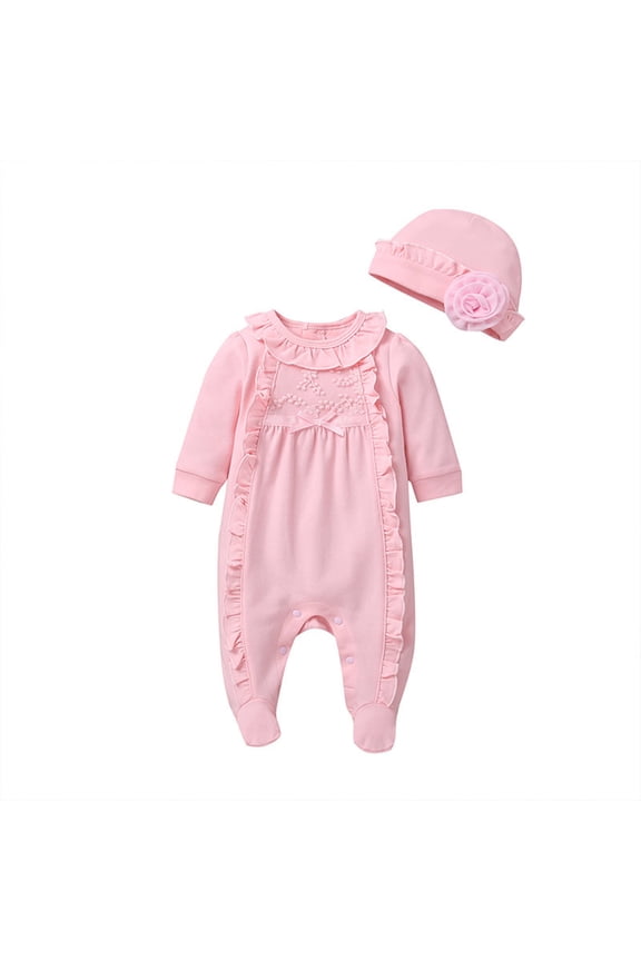 Baby Boy Baptism Outfit Baby Girl Solid Ruffles Romper Jumpsuit Hat Outfits Sets Hospital Outfit Photoshoot Outfits Pink,4-6 Months