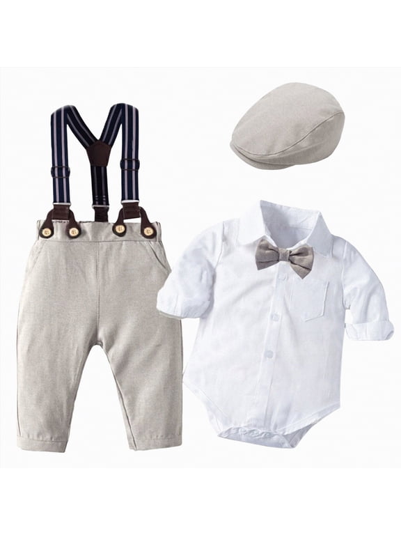 Baby Boy Christening Outfit Baby Boy Clothes Suit Newborn Infant Gentleman Outfits, Formal Dress Shirt+ Bowtie+ Suspender Pants+ Hat Wedding Party Set 3-6 Months,White